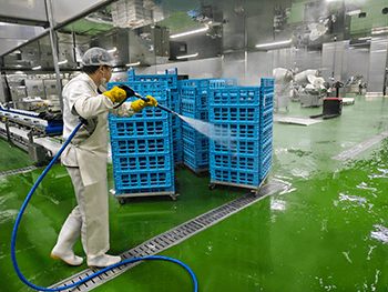 industrial sanitation equipment cleaning food processing plant surfaces with foam