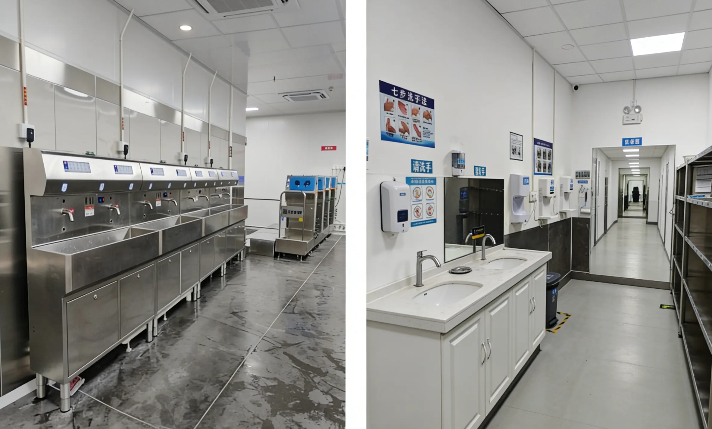 Traditional hand washing equipment compared to Woneclean’s smart hygiene stations, showcasing enhanced sanitation efficiency and automation for food processing facilities