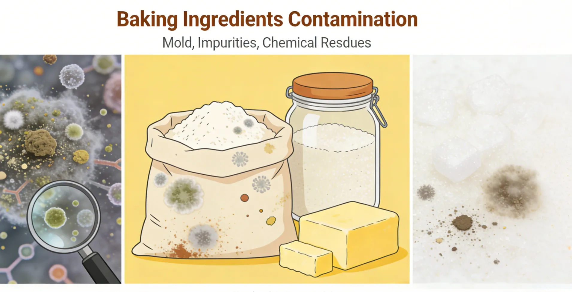 Illustration of contamination risks in bakery production, including raw material handling, equipment contamination, cooling area exposure, and packaging hygiene issues.