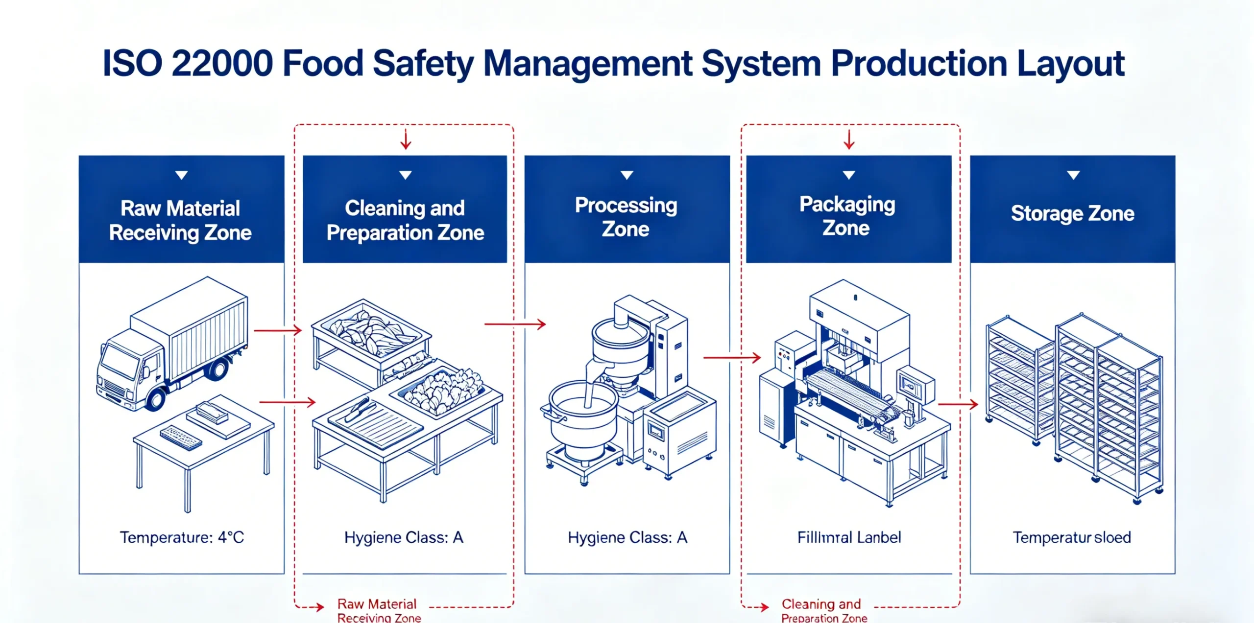 comparison of poor and proper hygienic flow design in food factory