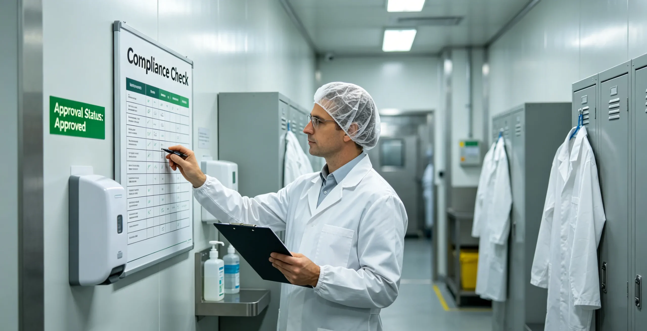 Food safety auditor inspecting food hygiene dressing room system in a factory for compliance approval.