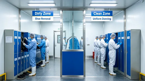 Food hygiene dressing room system in a modern food factory showing controlled transition from dirty to clean zones.