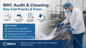 Food processing worker cleaning machinery with BRC audit issues and solutions, highlighting key cleaning problems and fixes.