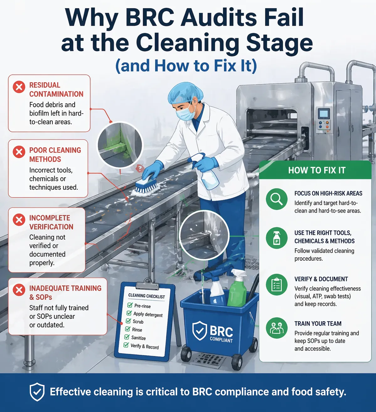 Food processing worker cleaning machinery with BRC audit issues and solutions, highlighting key cleaning problems and fixes.