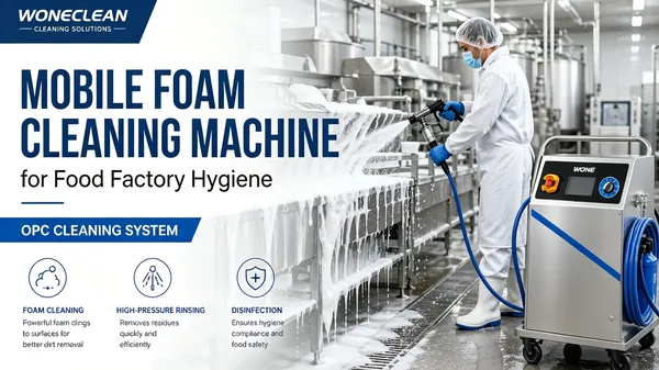 mobile foam cleaning machine for food factory hygiene OPC cleaning system industrial sanitation banner