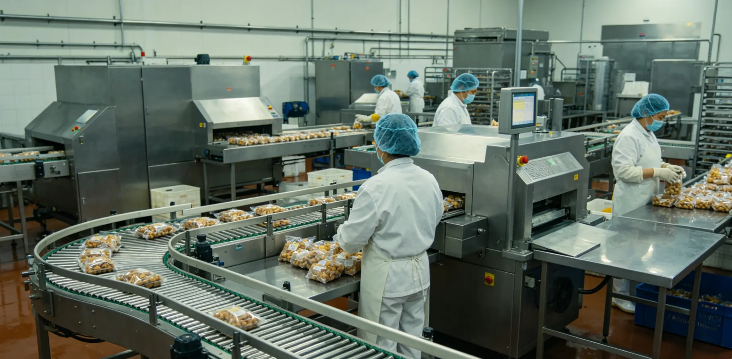 food factory hygiene system at production entrance with worker using hygiene station