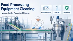`Food equipment cleaning in a food processing factory`