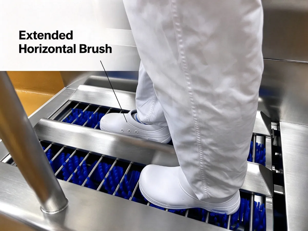 Extended horizontal brush of an automatic sole cleaning machine for wider shoe sole cleaning coverage